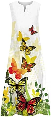 ZperVoba летни фустани за жени кои се обични без ракави макси фустани со џебови боемски резервоар фустан пеперутка цветна садница