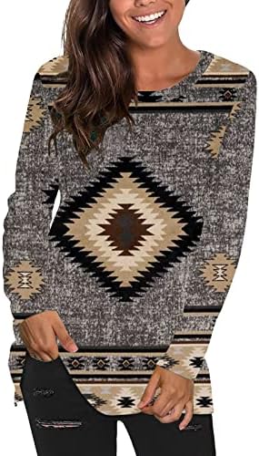 Кошули со долг ракав за жени со џемпери со вратот кошули Ацтеки етнички графички џемпери пулвер за есен случајно