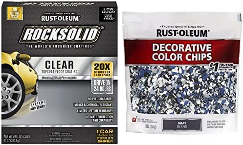 Rust-Oleum 282829 Rocksolid Polycuramine Garage Garage Floor Top Coyate Cot, 90 мл, високо сјај чиста и 301359 Декоративни чипови во боја, сива мешавина, 1lb