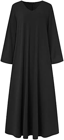 Фустан за жени есен зима 2023 облека трендовски памук со долг ракав V врат макси за одмор случајно плус големина фустан 3Д