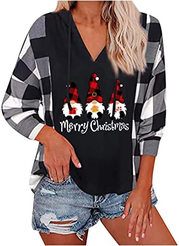 V врат -качулка за џемпери за жени со долги ракави карирани печатени влезови пулвер, обични божиќни качулки врвови
