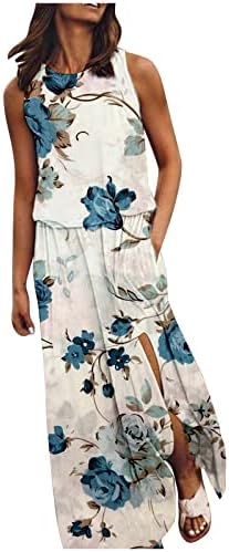 Плус големина макси фустан за жени цветни печати долги резервоари фустани боемски обичен пресек екипаж на плажа сонцето фустани со џеб