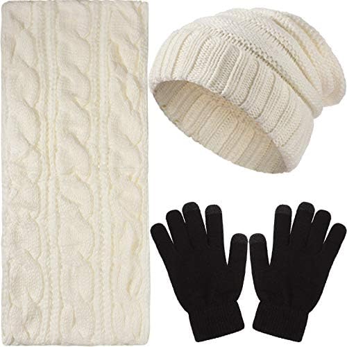 3 парчиња зимска гравче шамија на шамија на допир, топло нараквици Поставете топло плетено капаче за череп за мажи и жени