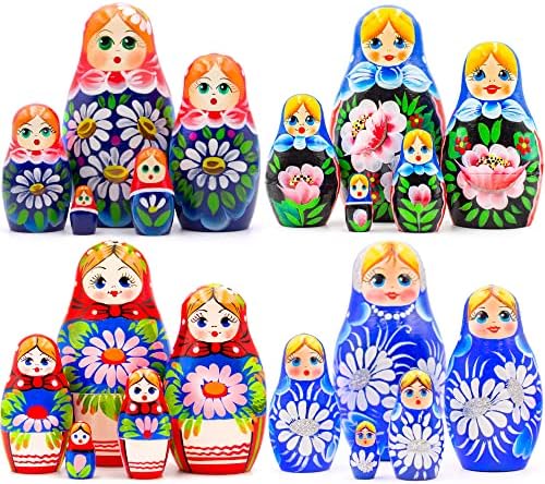 AEVV многу од 20 парчиња класични кукли за гнездење со цветни украси - руски кукли со лилјани, камиони и рози - сина матриошка со цвеќиња