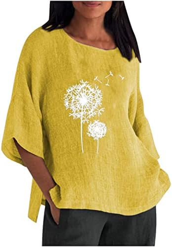 Амикадом жолт брод врат постелнина блуза за тинејџерки есен лето 3/4 bellвонче печатење опуштено вклопување обична обична блуза