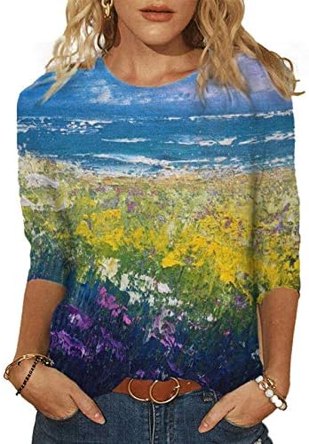 3/4 кошули со ракави за жени летни обични печатени врвови околу вратот лабав пулвер удобни меки блузи