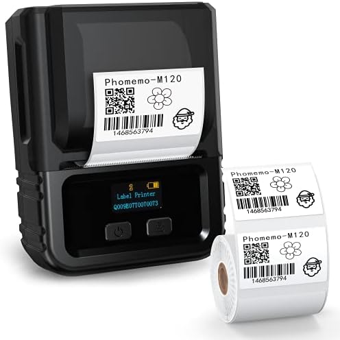 Производител на етикета Phomemo M120- Баркод печатач Bluetooth Термички етикета Производител Машител 2 инчи 50мм Баркод етикета печатач за малопродажба,