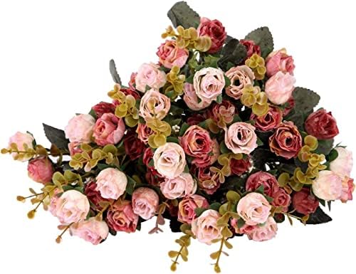 Хауда Пакет од 4, Вештачка Свила Лажни Цвеќиња Роза Цветни Декор Букет,