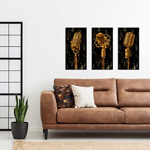 Ouelegent 3 панел музички уметнички слики рустикален wallиден уметност златен метал микрофон слика платно giclee print модерни