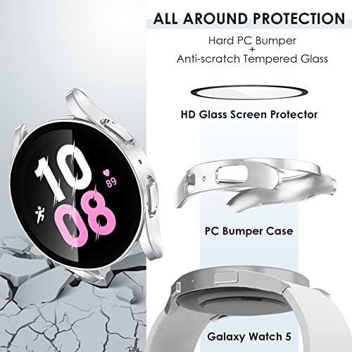 [2PACK] Заштитник на екранот Компатибилен за Samsung Galaxy Watch 5 додатоци од 44мм, Ewuonu Temered Glass Film Hard PC Case Case Case Case