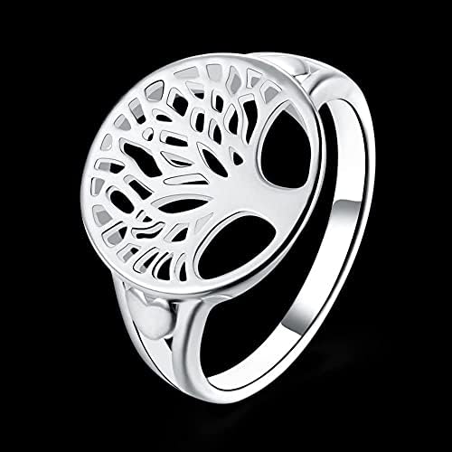 Wdiyieetn 925 Стерлинг сребро дрво на животот прстен Свадба накит симпатична големина 6-9 за жени девојки