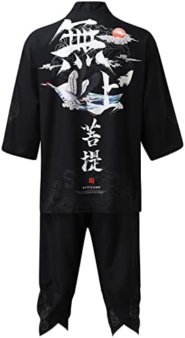Менс слободно време опуштено античко дигитално печатење Кимоно Касок кардиган кошула панталони кошула тенок фит деловни костуми за мажи