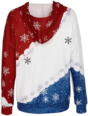 2022 есенски дуксери врвни за жени во боја на џемпери во боја, трендовски божиќни елки печати долги ракави пулвер со џеб бело