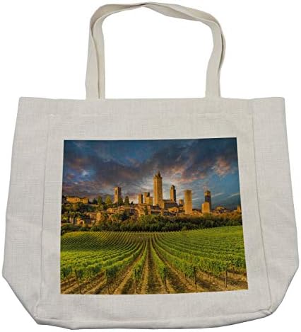 Торба за купување на Амбесон Италија, лозја на Сан Гимињано Тоскана Историска архитектура Драматични небо облаци, еколошка