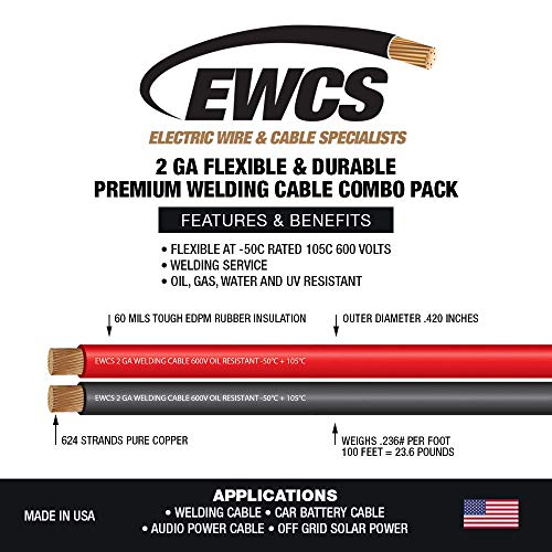 Ewcs 2 Мерач Премија Екстра Флексибилни Заварување Кабел 600 Волти Комбо Пакет-Црна+Црвена-10 Нозете На Секоја Боја-Направени Во САД