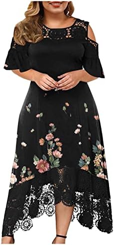 Плус големина ладно рамо фустани за жени лето кратки ракави од фустан од чипка, видете преку обичен фустан со цветни пердуви во Бохо