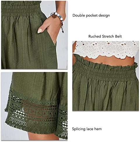 Женски летни шорцеви еластични панталони за еластични половини со панталони со џебови широки нозе шорцеви