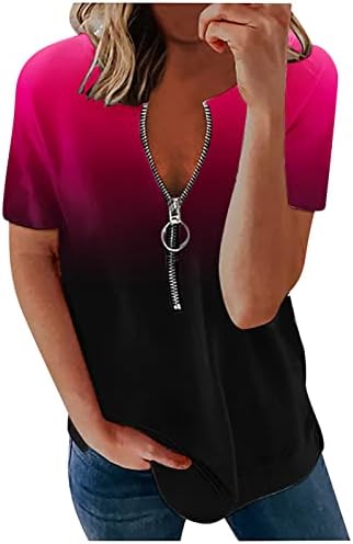 Женски врвови за туника мода градиент бојата цветни кошули патент v-врат кратки ракави тенок вклопувачки маица блуза врв