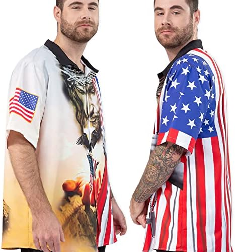 Една нација под Божји американски кошули со орел за мажи- Патриотско Исусово знаме 1776 Копче на кратки ракави машки хавајски
