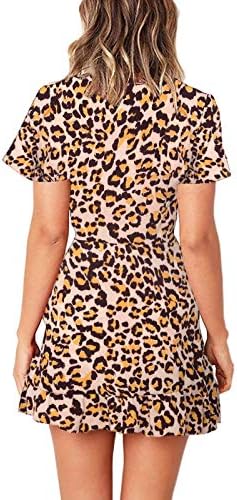 Letterенски летен обвивка против вратот/леопард печати руфла кратки ракави мини фустан цветни обични фустани со појас