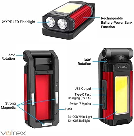 Volrex Portable LED работно светло - 7 режими за полнење на работната светлина со магнетна основа за кампување, лов, поправка на