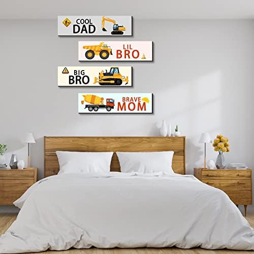 4 парчиња градежни камиони украси дрвени висечки wallидни плакети, инспиративни цитати на wallидна уметност, момче багер тема со простории