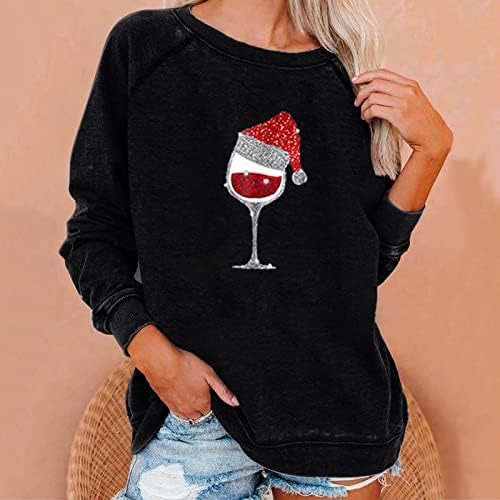 Gatxvg женски среќен божиќен џемпер капка рамо рамо со долг ракав Божиќно вино стакло пулвер лесни кошули