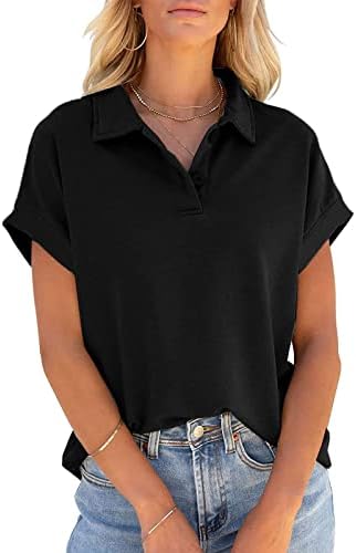 Женски хенли кошули против вратот со кратки ракави со кратки ракави, цврста боја, обична лабава лабава летна блуза врвови