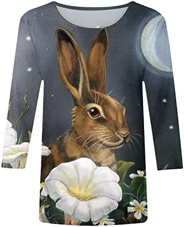 Велигденска кошула за зајаче за жени 3/4 кошули за ракави за жени слатки врвови за печатење околу вратот лабава пулвер маички кошули