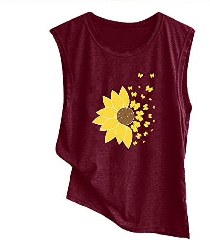 Резервоарот за сончоглед врвови жени со сончоглед графички маици летни цветни печатени маички без ракави врвни