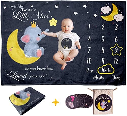 Сет за подароци за бебиња Паво Слонот - Месечно ќебе за бебиња 60 x 40 - 12 картички за појавување на пресвртници и знак за објавување - 2023