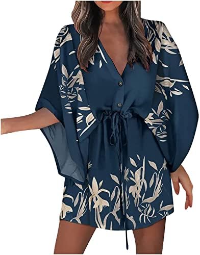 Womenенски летен мода 2023 година, женски летен 3/4 ракав V врат празничен фустан Бохо Печати за печатење Сонцето плажа фустан
