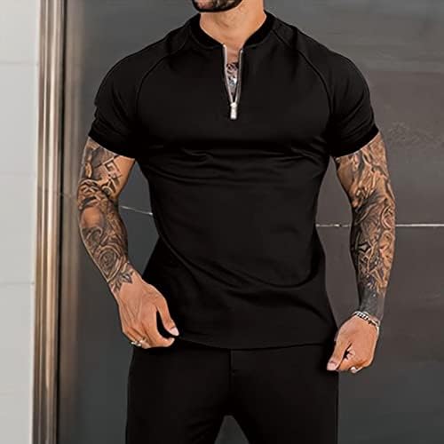 XXBR MENS Sports Zipper вратот Хенли маици, кратки ракави без јаки, врвови на атлетски тренингот, обична маица