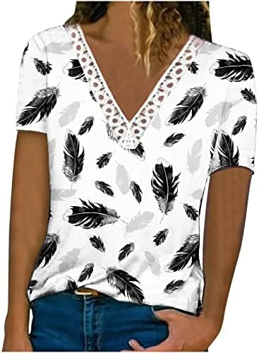 2023 Womanена летни маици против вратот чипка цветна блуза врвна удобна мека маичка со кратки ракави лабава лесна туника