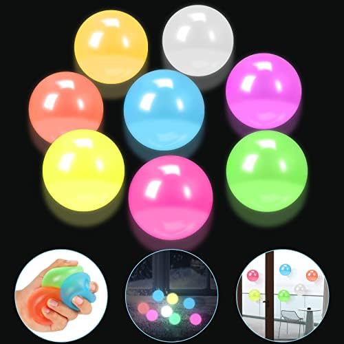 8 парчиња блескави лепливи топки, многу еластични слаби топки кои светат во темнината и се држат до таванот, тавански топки одлични