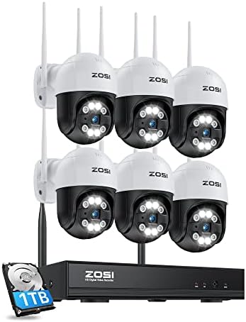 Зоси 2K PTZ безжичен систем за безбедност на камера, 6PCS 3MP PAN/TILT CAMERAS Outdoor, 8CH 3MP WiFi Надзор NVR со 1TB HDD, Night Vision, Spotlight