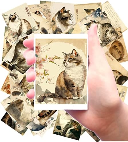Големи налепници [24 парчиња x 2,5 x3.5 секоја] мачки гроздобер јапонски акварел гравура гроздобер илустрации препечатување за занаетчиски