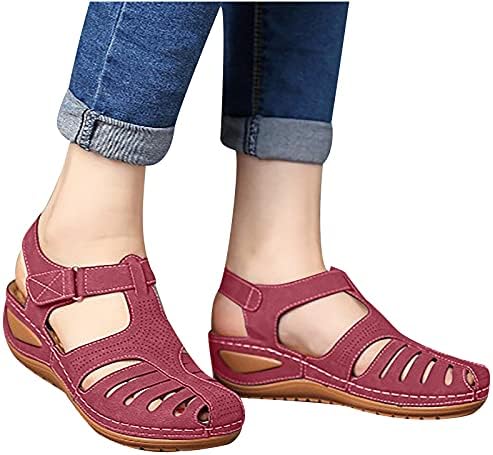 Клин -сандали за жени летни модни обични шупливи одблизу, сандал, обична цврста боја чевли за дупчење во боја
