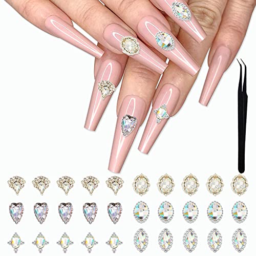 Wookoto 30 парчиња луксузни легури кристали на нокти шарм за нокти со пинцети комплет форма на срцева форма на накит за нокти и ригистони