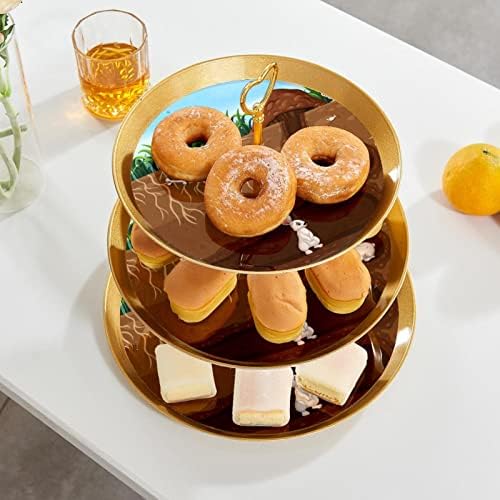 3 нивоа десерт штанд со кекс овошна плоча пластична служба на држач за приказ за свадба роденден за бебиња за туширање чај украси круг, зајак семејство