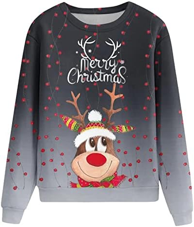 Среќни божиќни џемпери за жени слатки елки печати долг ракав лабав врвен обичен екипаж врат пулвер блуза маичка кошула