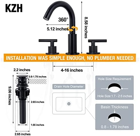 Kzh мат црна тапа за бања 3 дупка, широко распространета тапа за бања со појава, тапа за мијалник за бања со 360 ° вртење на вртливата,