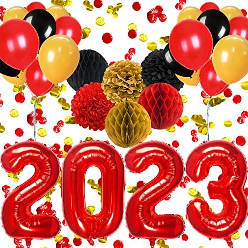 2023 Декорации за забави, Декорација на забава со црвено злато за дипломирање забава Нова година, пресрет, 2023 година со броеви