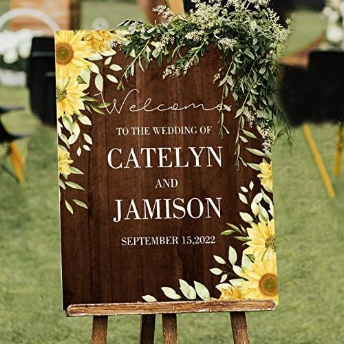 Свадба добредојдени знаци Добредојдовте на свадбениот сопствен име датум гроздобер дрво свадба знак жолто сончоглед гроздобер кафеава табла тремот
