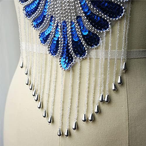 Floyinm Royal Blue Sequin чипка ткаенина од ткаенини од свадбени наметка Апликации јака барокен вез