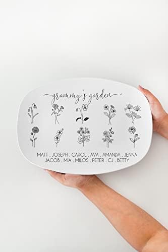 Градинарската чинија на бор од бор со цвеќиња и внуци Имиња за Греми, персонализиран подарок за Греми за Божиќ, подарок за Денот на мајката