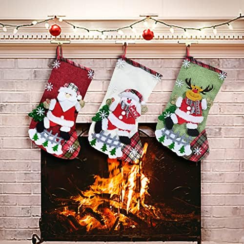 Ентил 3 пакувања Божиќни чорапи - 12 инчи Божиќни чорапи украси, постелнина голема 3Д Дедо Мраз ирвас Снежен човек Дизајн Виси подароци