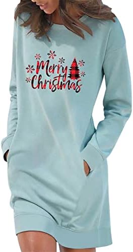 Среќен Божиќен џемпер фустан за жени Симпатична карирана Божиќна дрво Снегулка со долги ракави со екипаж џебни џебни фустани