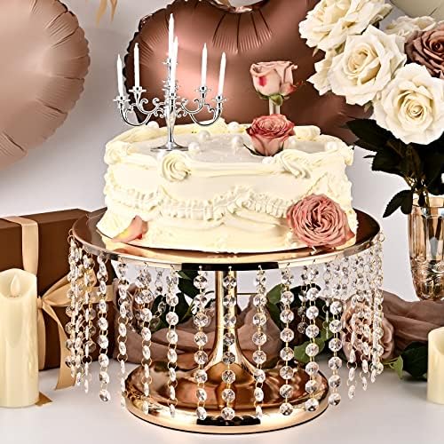 TiryiOu Gold Take Display Stand со кристали приврзоци и мониста околу држачот за десерт за десерт за десерт за десерт за свадба,