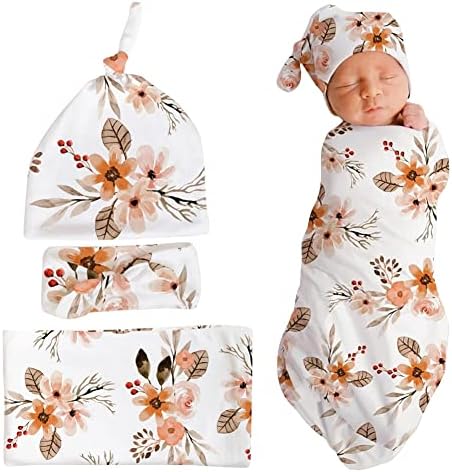 Икасус бебе девојче момче новороденче прима ќебе со сет на лента за шапки, памук за бебиња за бебиња, цветни мотиви за расадник